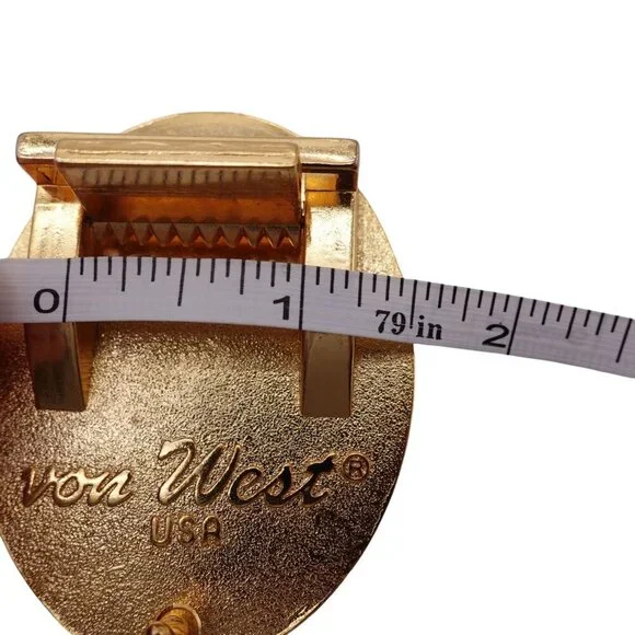 Vintage Von West USA Clock Belt Buckle Goldtone Analog Clock Art Steampunk